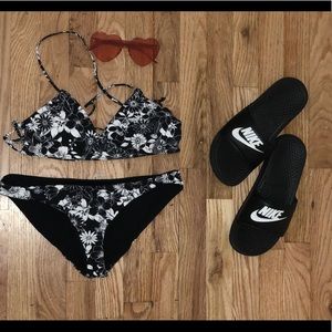 black and white two piece bathing suit.